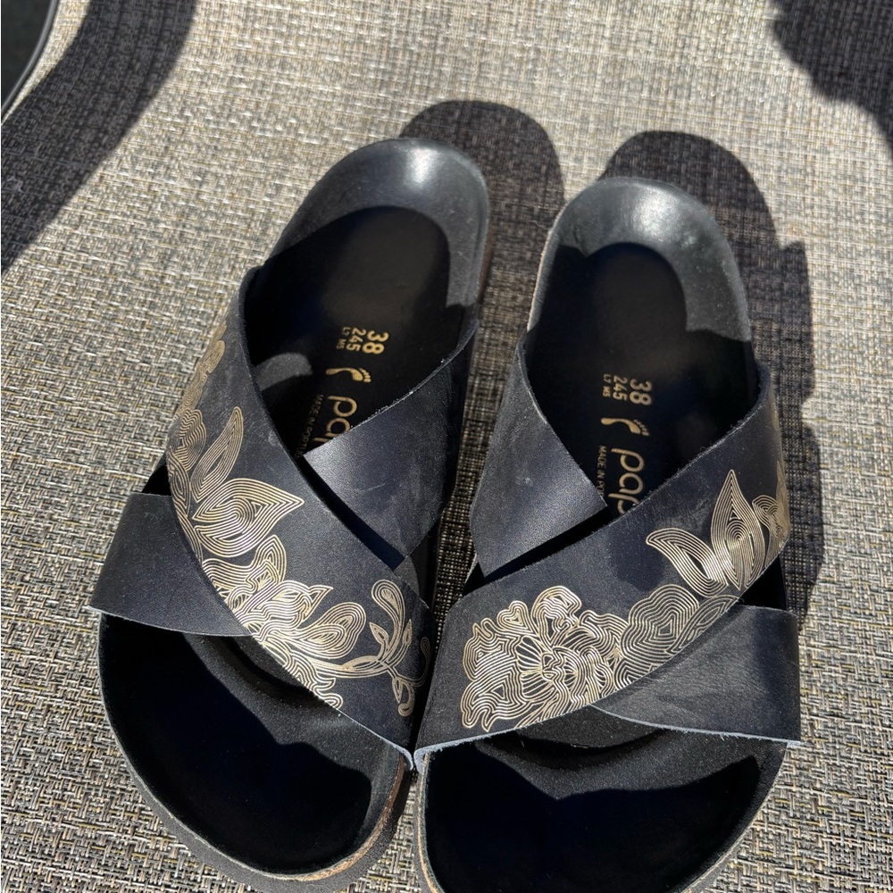 Papillio Black Sandals with Gold Floral Accents